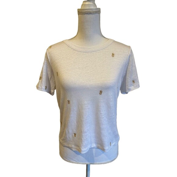 NWT CHASER Women's S Embroidered Pineapple Tee T-Shirt Top White Linen Blend NEW - Picture 1 of 6